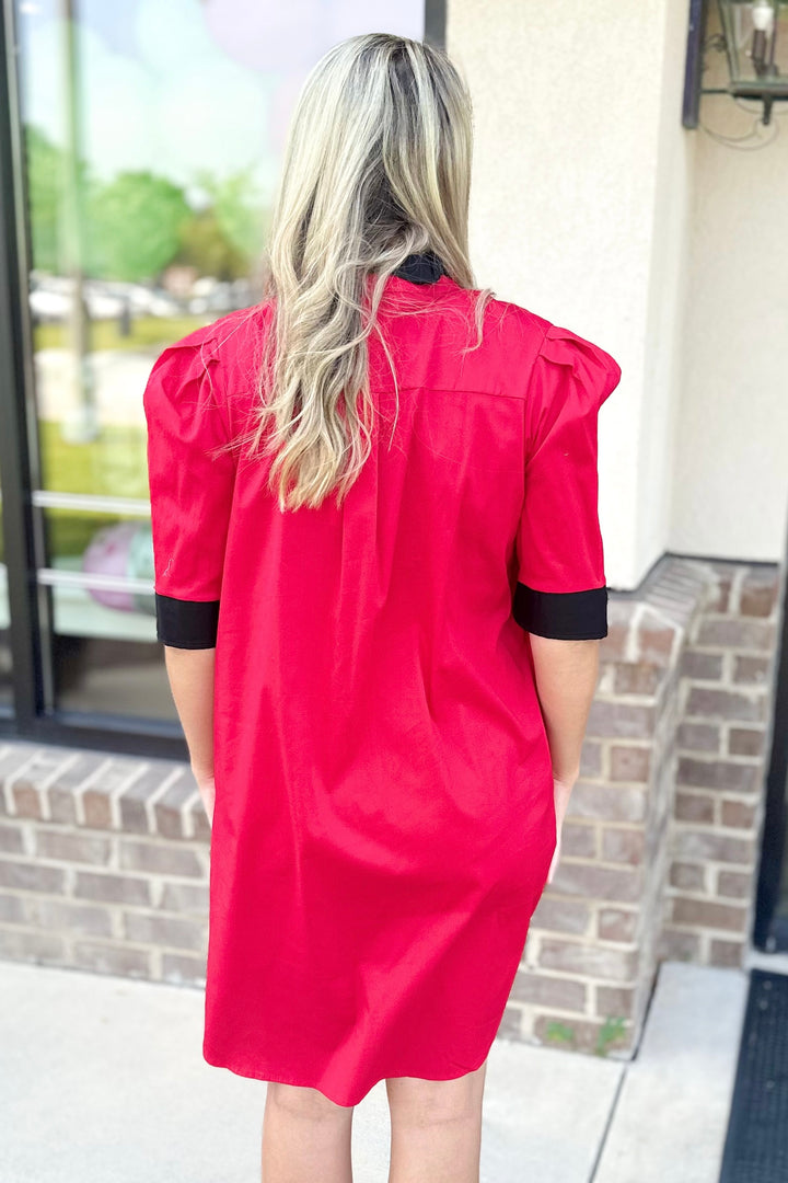 RED & BLACK RUFFLE COLLAR SHIRT DRESS