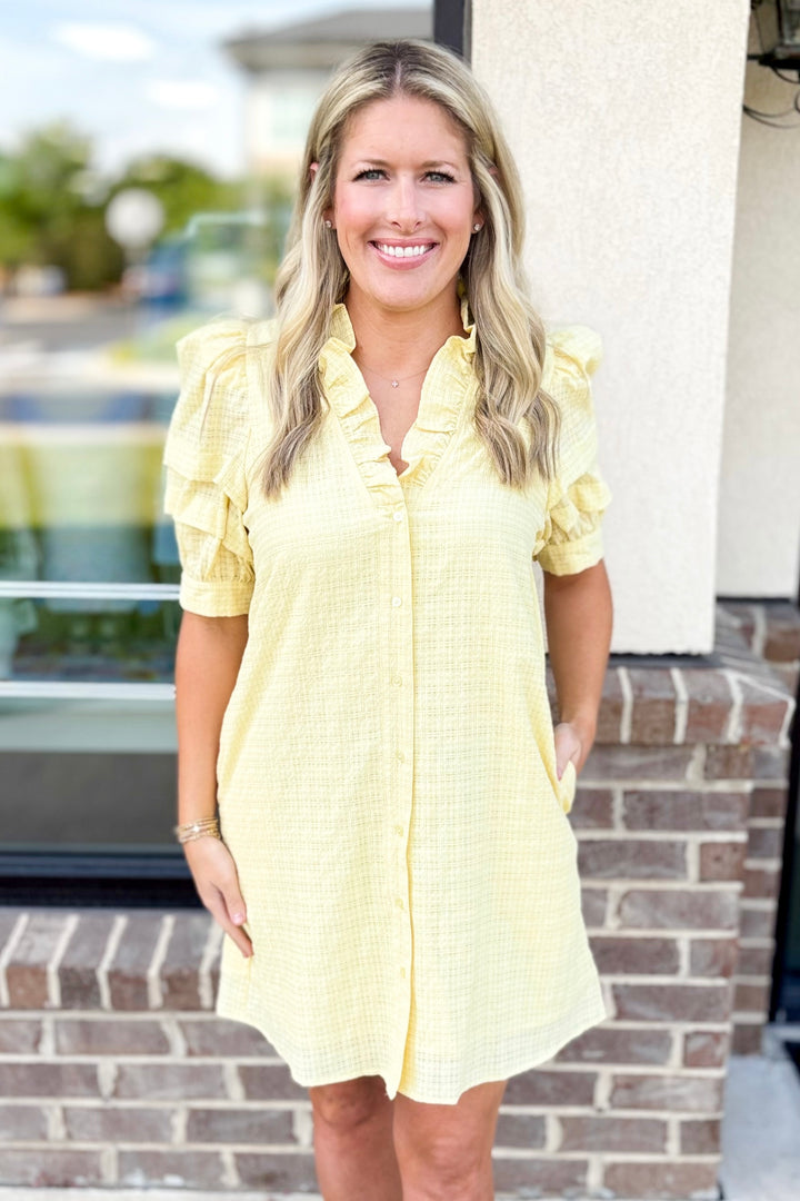 YELLOW TEXTURED RUFFLE VNECK DRESS