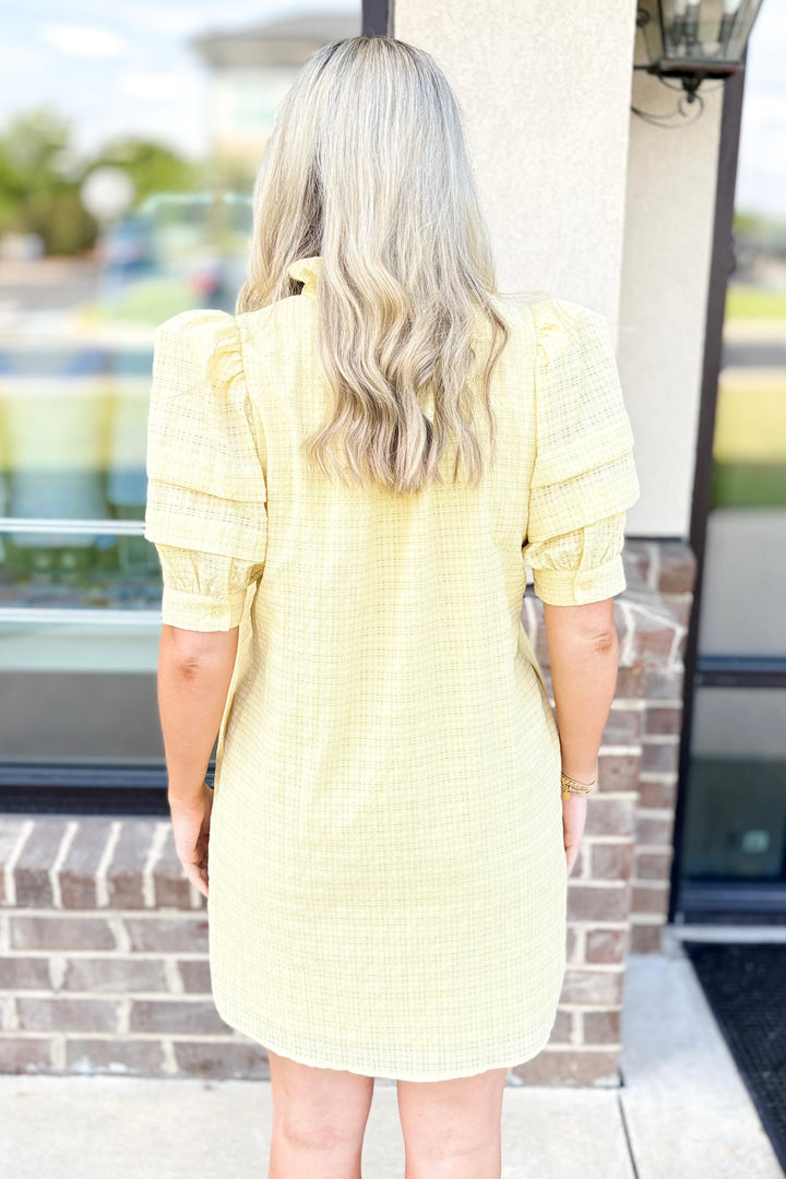 YELLOW TEXTURED RUFFLE VNECK DRESS