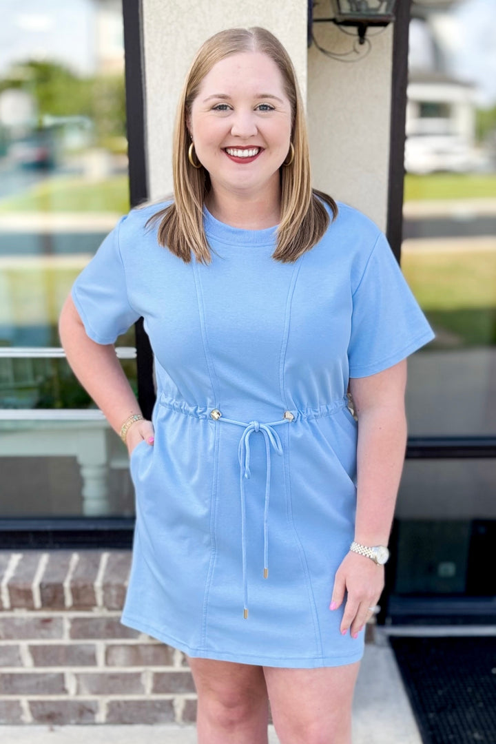 BLUE SHORT SLEEVE DRAWSTRING WAIST DRESS