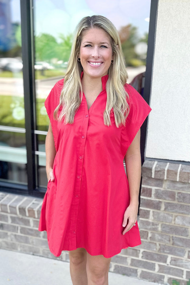 RED VNECK BUTTON ANGLED SLEEVE DRESS