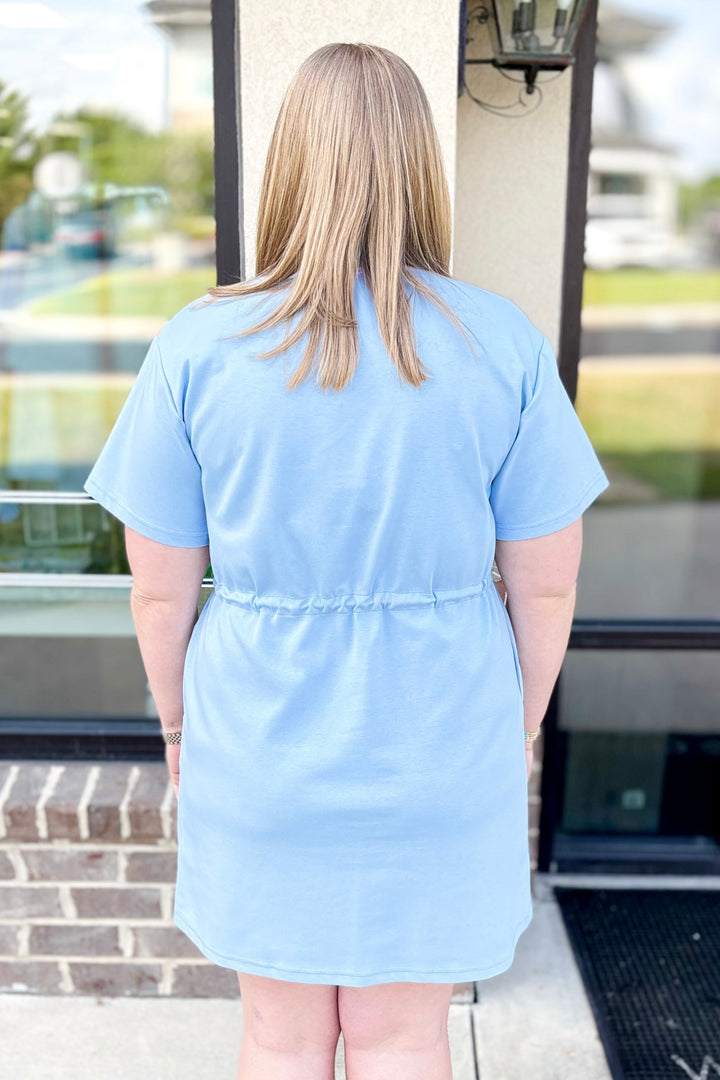 BLUE SHORT SLEEVE DRAWSTRING WAIST DRESS