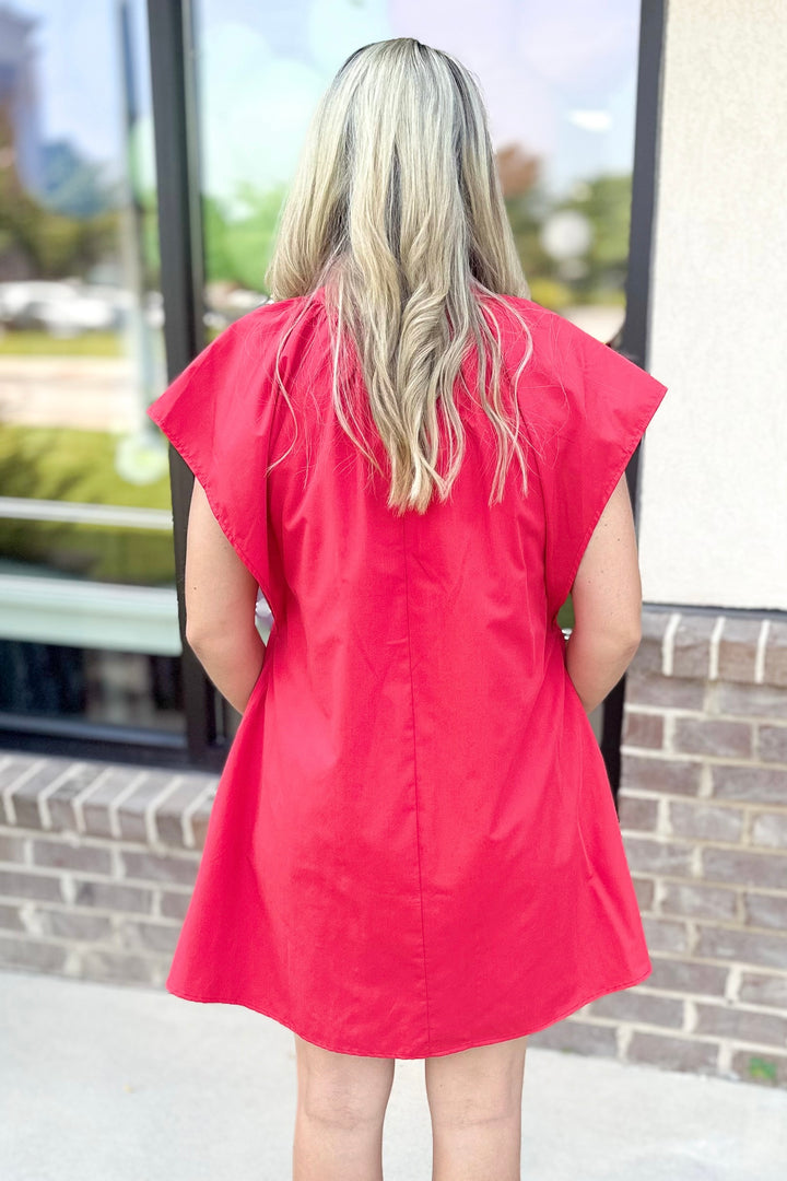 RED VNECK BUTTON ANGLED SLEEVE DRESS