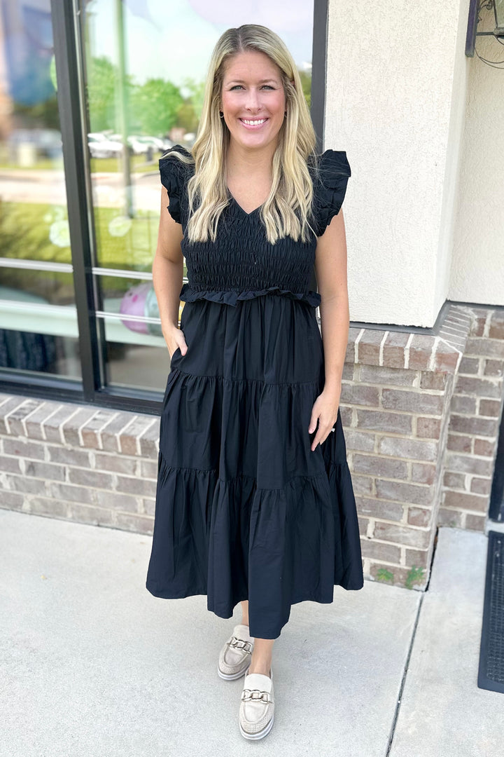 BLACK SMOCKED VNECK TIERED MIDI DRESS