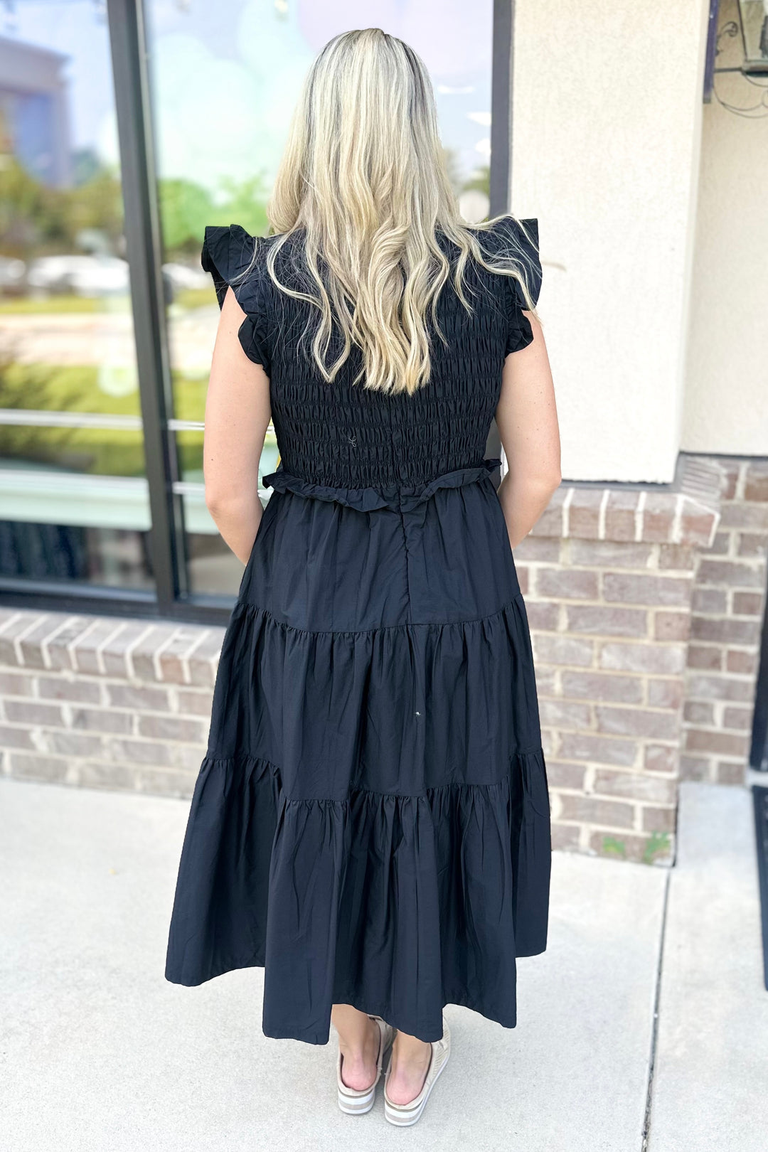 BLACK SMOCKED VNECK TIERED MIDI DRESS