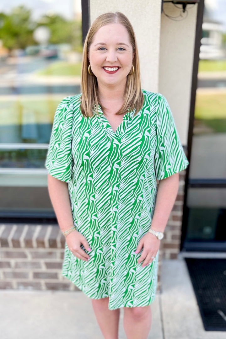 GREEN ZEBRA RUFFLE VNECK DRESS