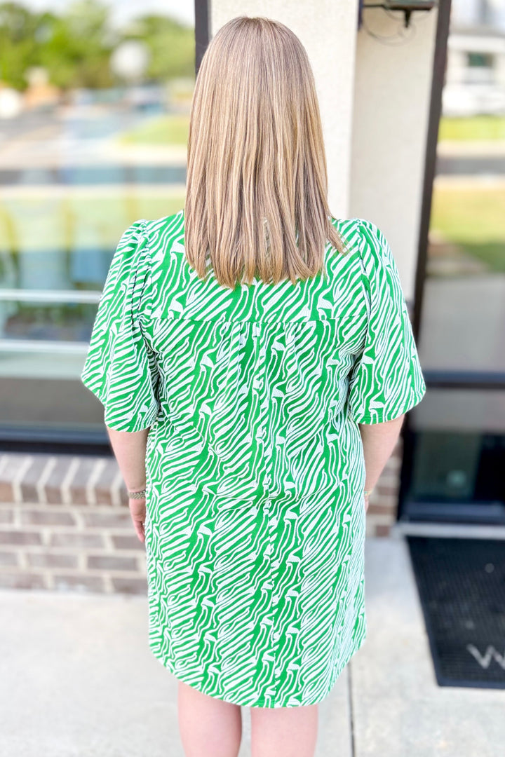GREEN ZEBRA RUFFLE VNECK DRESS