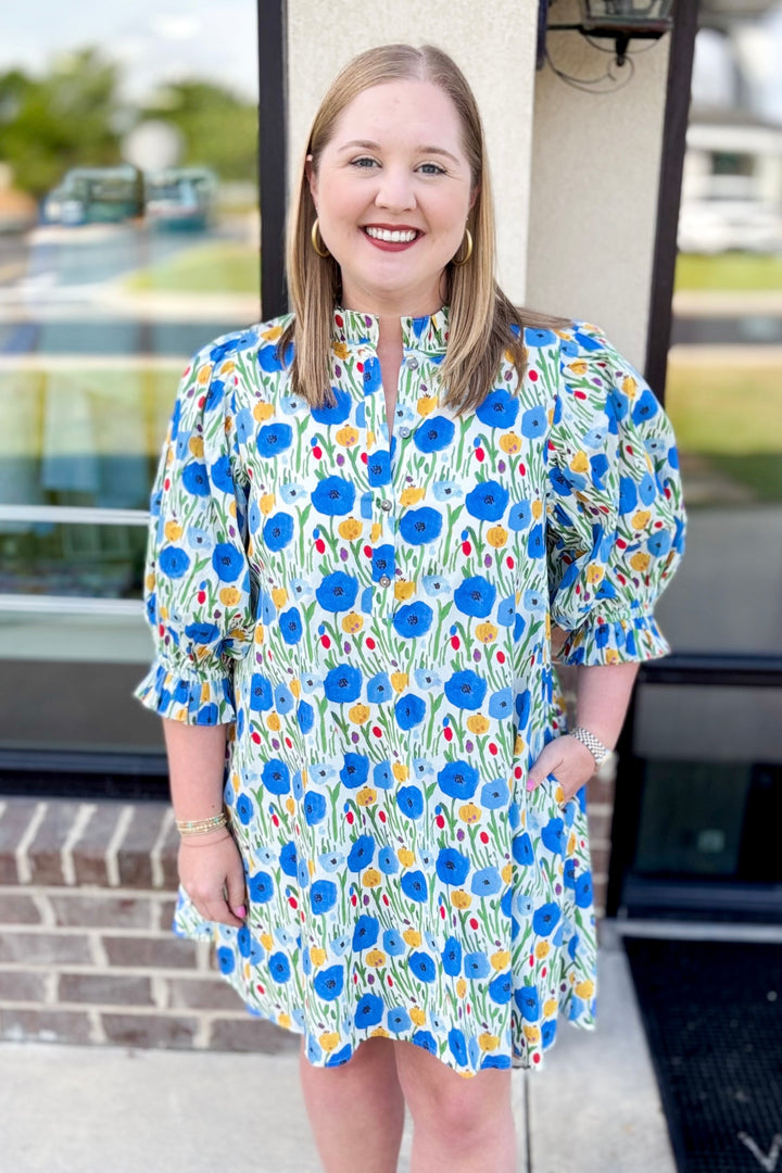 BLUE & YELLOW FLORAL TIE BACK DRESS