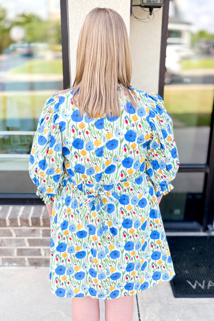 BLUE & YELLOW FLORAL TIE BACK DRESS