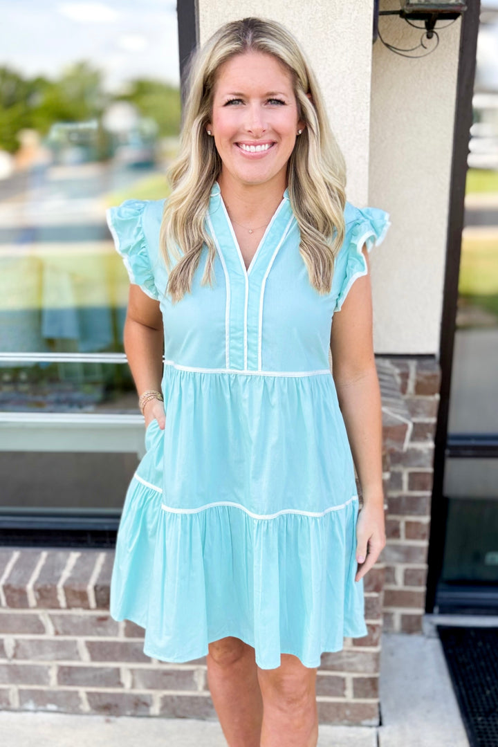 MINT CONTRAST PIPING TIERED DRESS