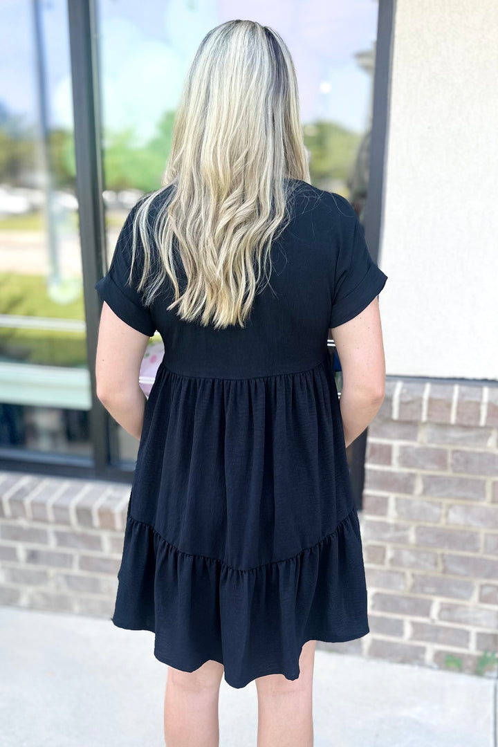 BLACK DROP SHOULDER VNECK DRESS