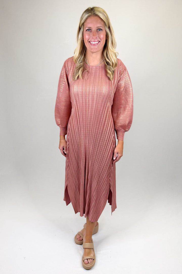 PINK METALLIC MICRO PLEATED BELTED MIDI DRESS