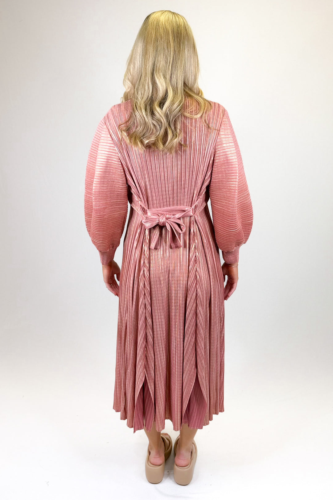 PINK METALLIC MICRO PLEATED BELTED MIDI DRESS