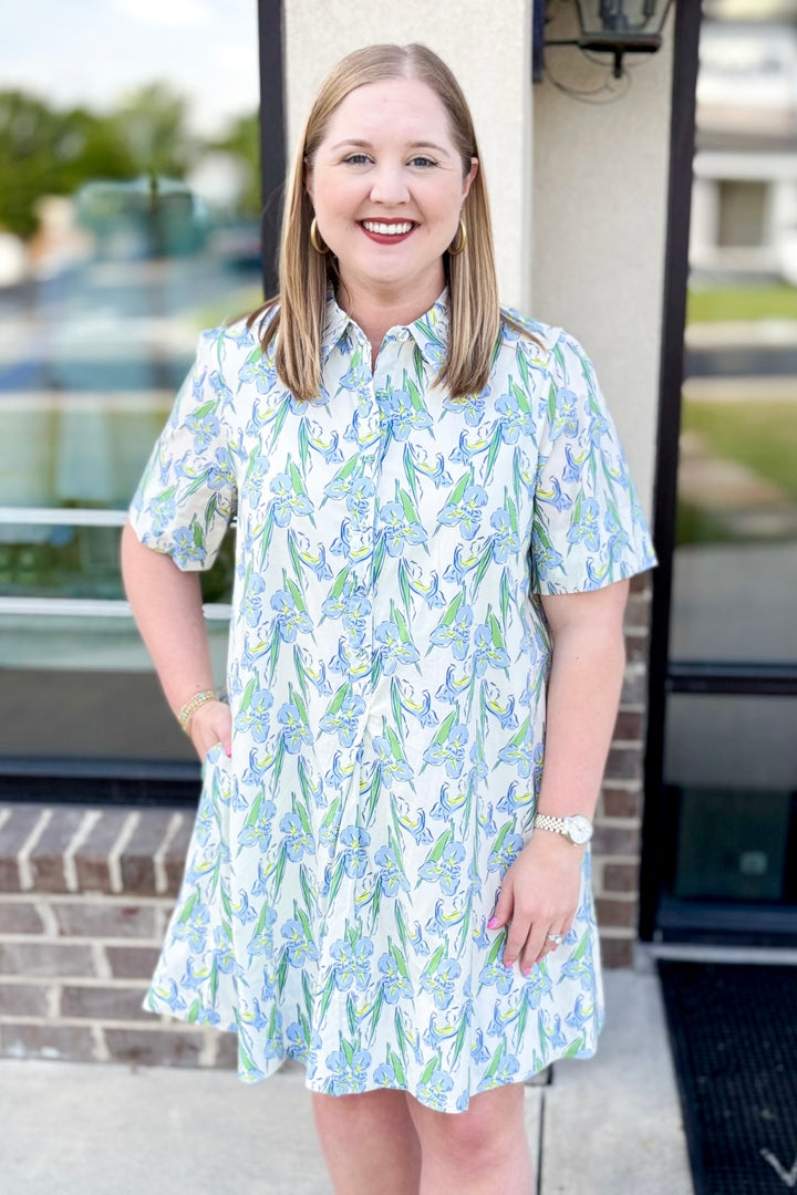 BLUE & CREAM FLORAL BUTTON COLLARED DRESS