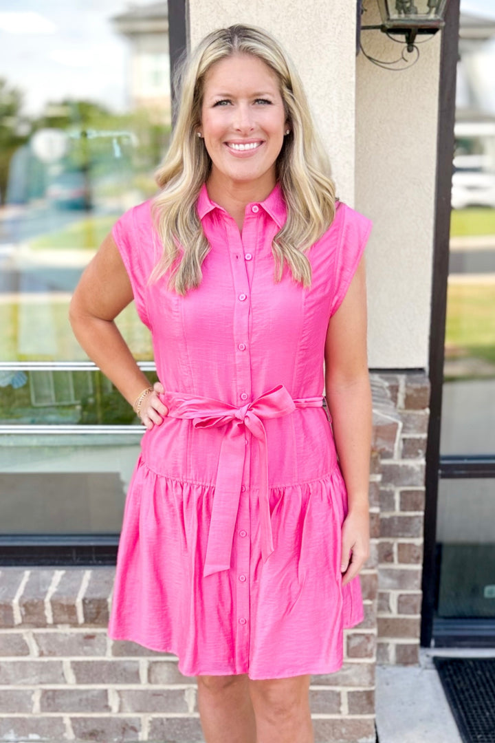 PINK BUTTON FRONT COLLAR BELTED DRESS