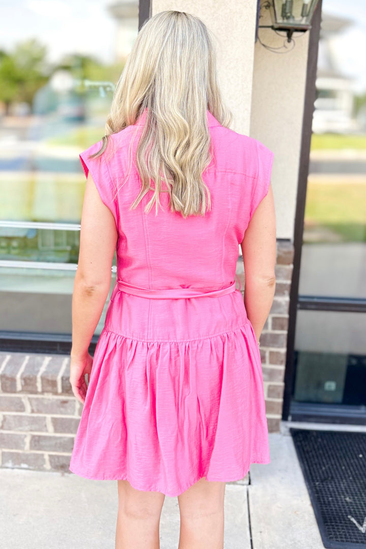 PINK BUTTON FRONT COLLAR BELTED DRESS