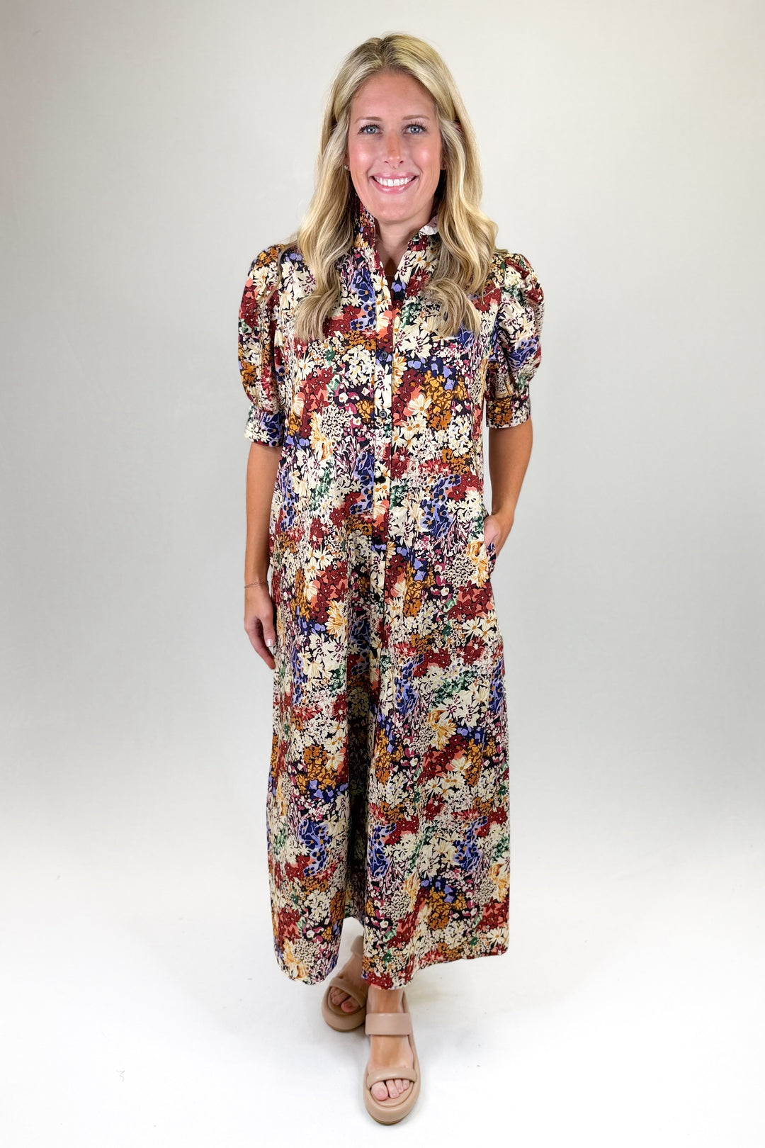 IVORY MULTI FLORAL POPLIN MIDI DRESS Walker Boutique IVORY MULTI FLORAL POPLIN MIDI DRESS Walker Boutique