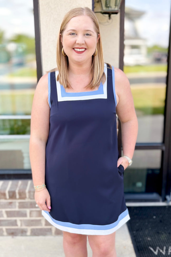 NAVY STRIPE EDGE SQUARE NECK DRESS