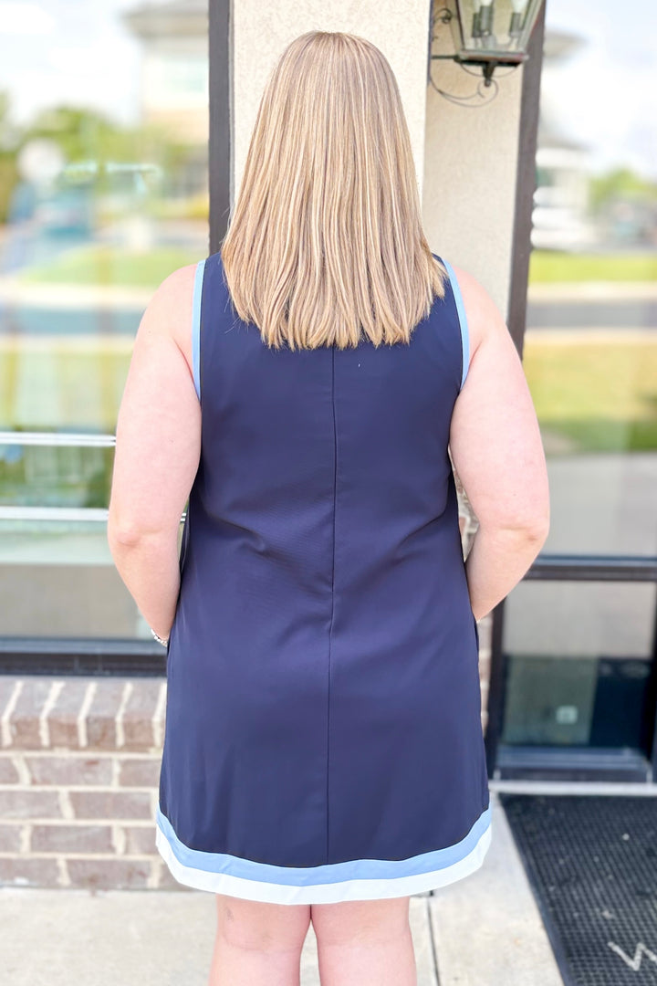 NAVY STRIPE EDGE SQUARE NECK DRESS