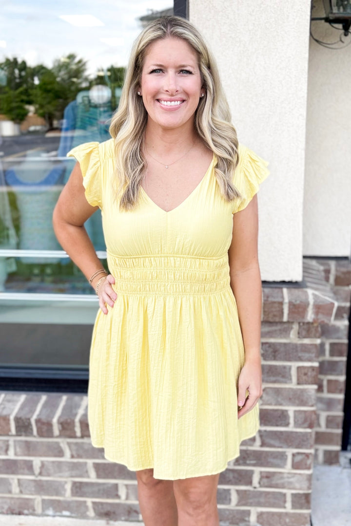 YELLOW SMOCKED WAIST RUFFLE VNECK DRESS