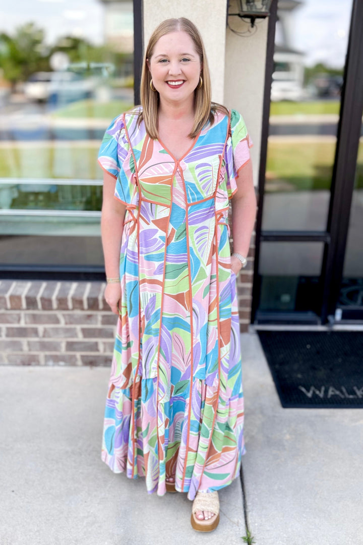 MULTI COLOR ABSTRACT PIPING DETAIL MAXI DRESS
