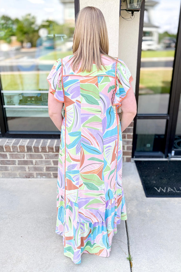 MULTI COLOR ABSTRACT PIPING DETAIL MAXI DRESS