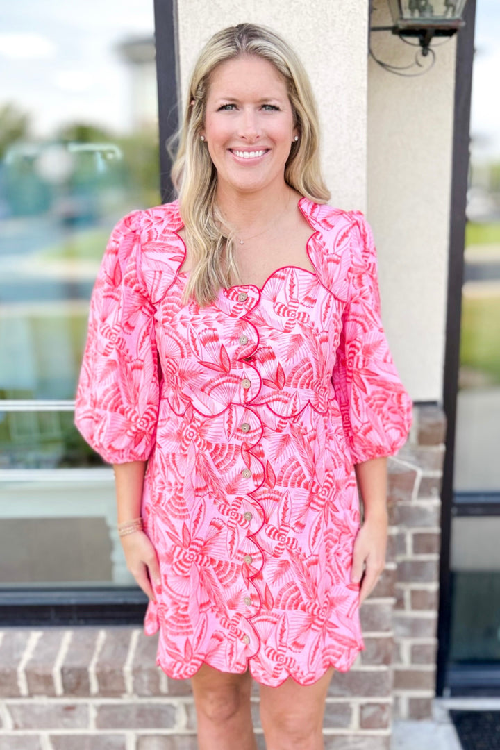 PINK & ORANGE PRINT SCALLOP EDGE BUTTON DRESS