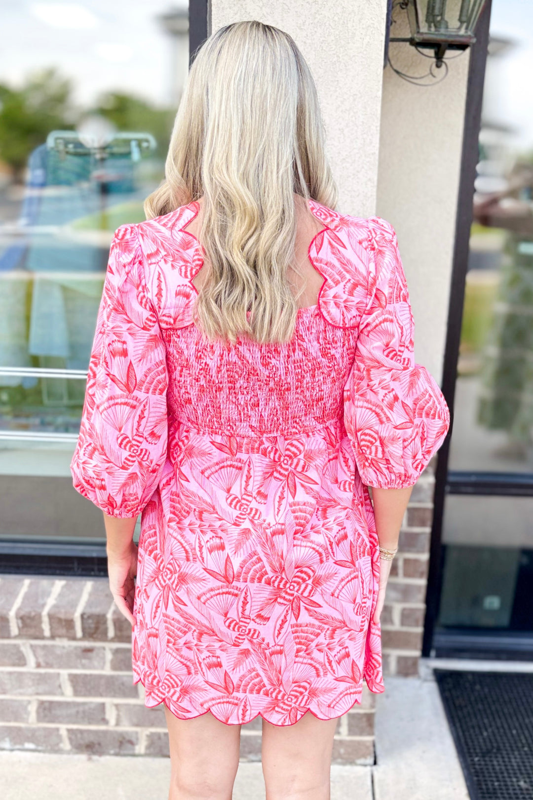 PINK & ORANGE PRINT SCALLOP EDGE BUTTON DRESS