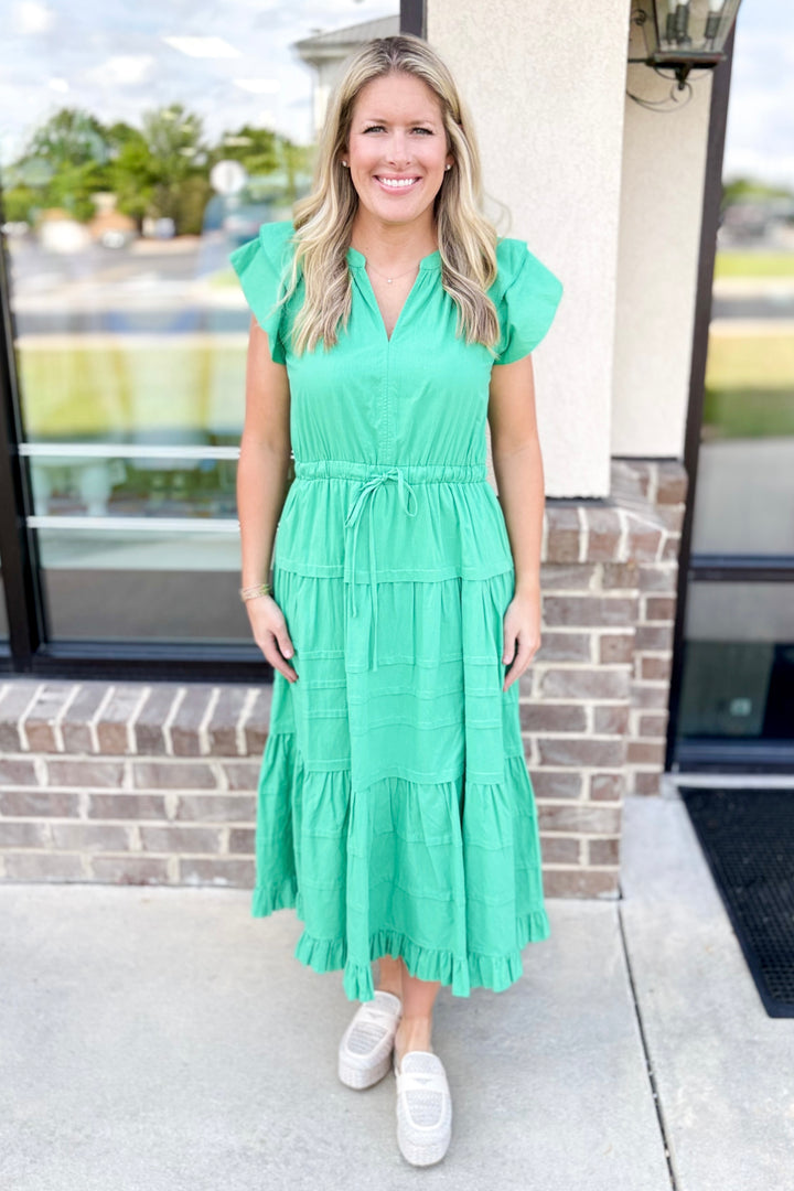 GREEN DRAWSTRING WAIST TIERED MAXI DRESS