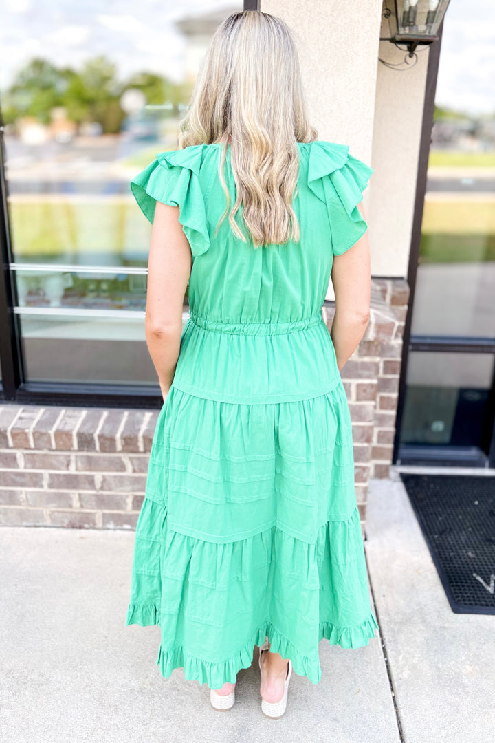 GREEN DRAWSTRING WAIST TIERED MAXI DRESS