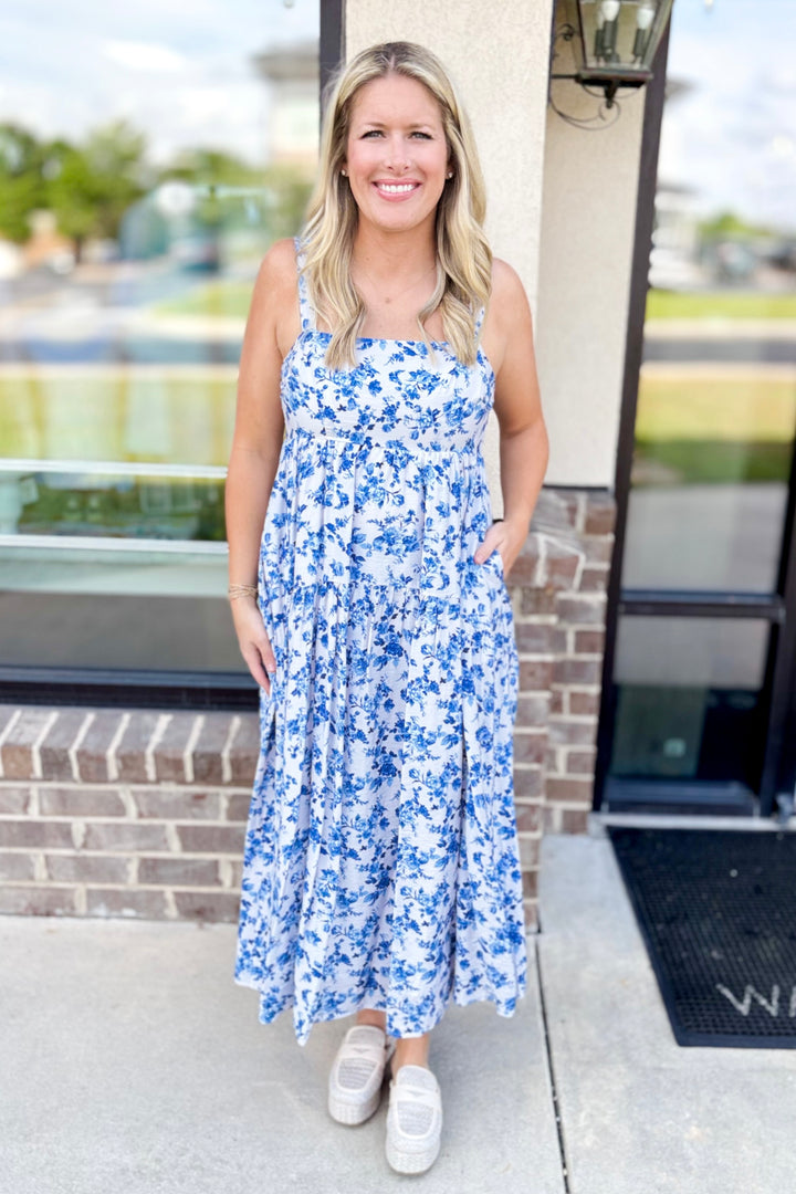BLUE & WHITE FLORAL TANK MIDI DRESS