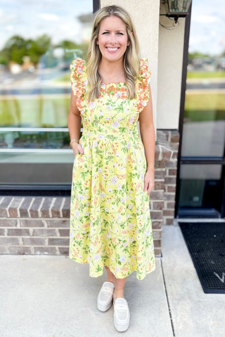 YELLOW & PINK FLORAL SCALLOP TRIM MIDI DRESS