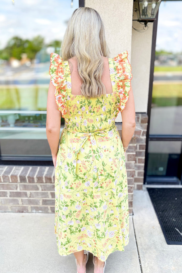YELLOW & PINK FLORAL SCALLOP TRIM MIDI DRESS