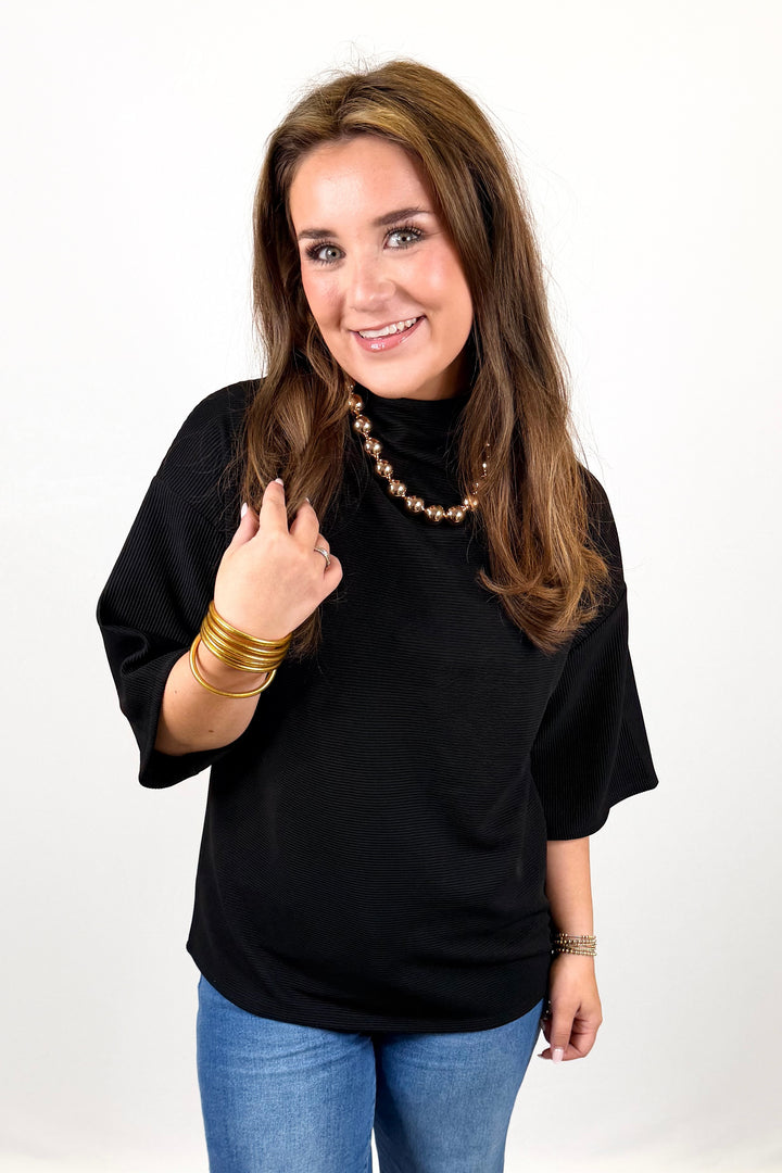 BLACK RIBBED MOCK NECK SHORT SLEEVE TOP