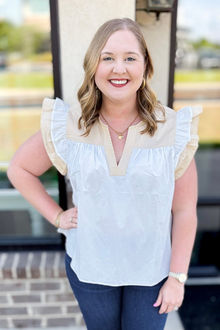 CREAM & WHITE COLOR BLOCK RUFFLE SLEEVE TOP