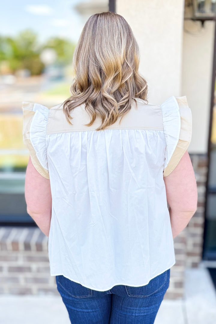 CREAM & WHITE COLOR BLOCK RUFFLE SLEEVE TOP