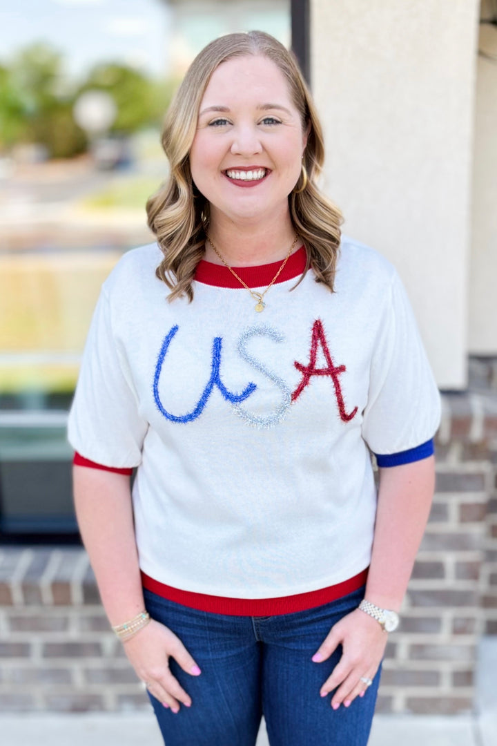 USA SHORT SLEEVE GLITTER SCRIPT SWEATER