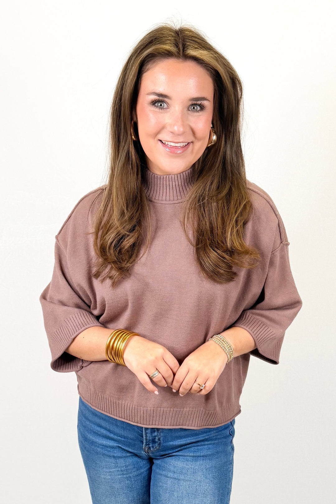 MOCHA RIBBED MOCK NECK 3/4 SLEEVE SWEATER