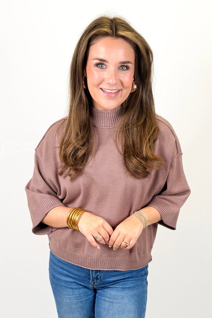 MOCHA RIBBED MOCK NECK 3/4 SLEEVE SWEATER