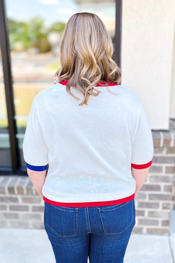 USA SHORT SLEEVE GLITTER SCRIPT SWEATER
