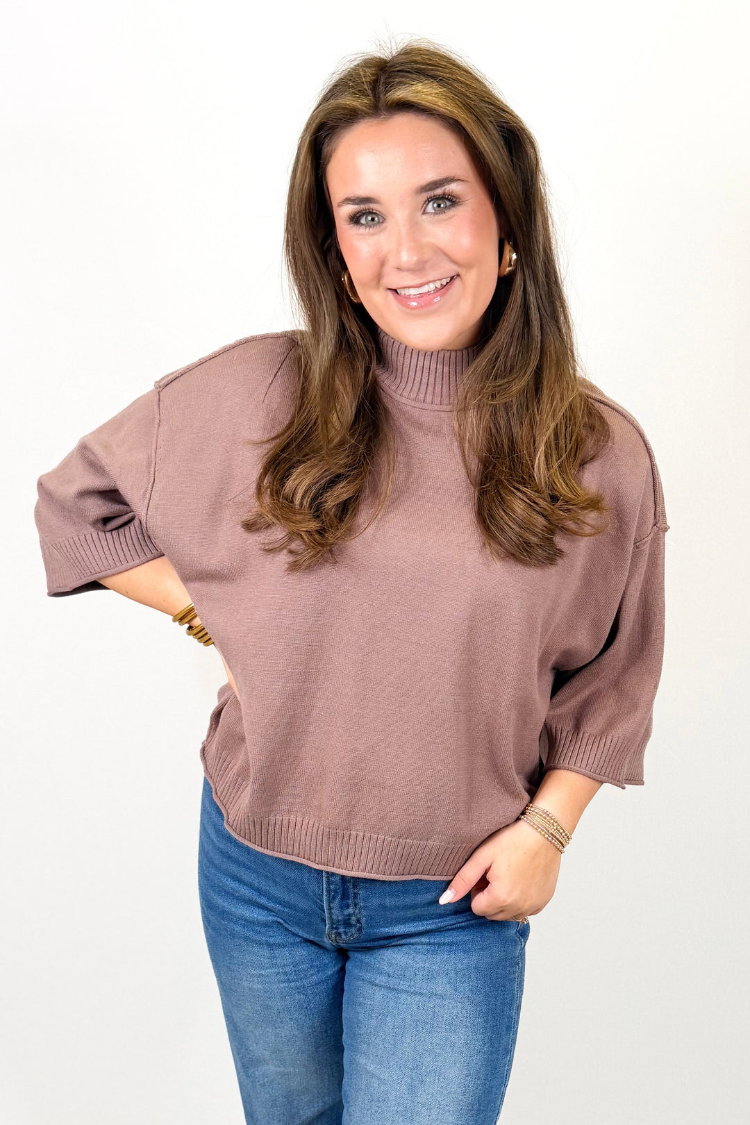 MOCHA RIBBED MOCK NECK 3/4 SLEEVE SWEATER