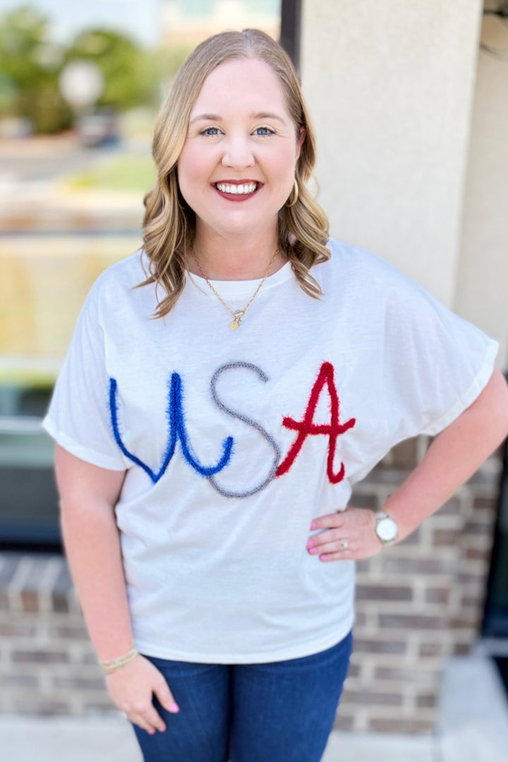 WHITE USA GLITTER SCRIPT TSHIRT