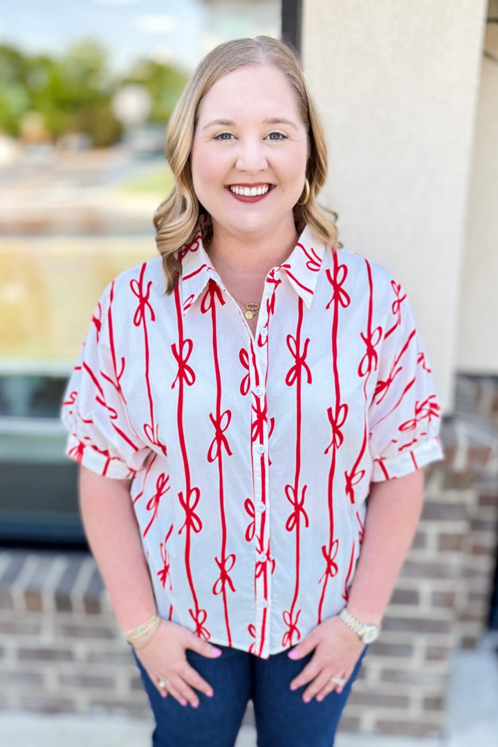 RED BOW STRIPE BUTTON UP TOP