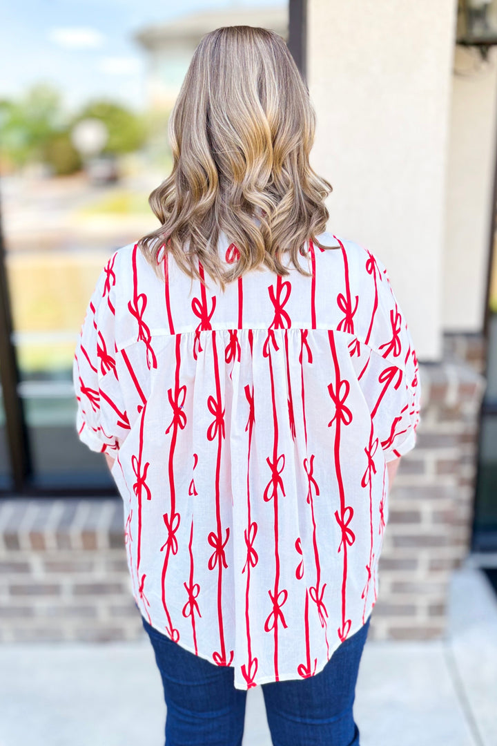 RED BOW STRIPE BUTTON UP TOP