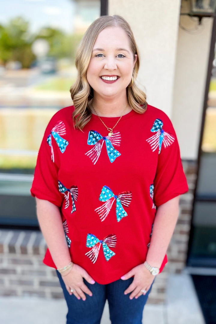 RED PATRIOTIC SEQUIN BOW BOXY TOP