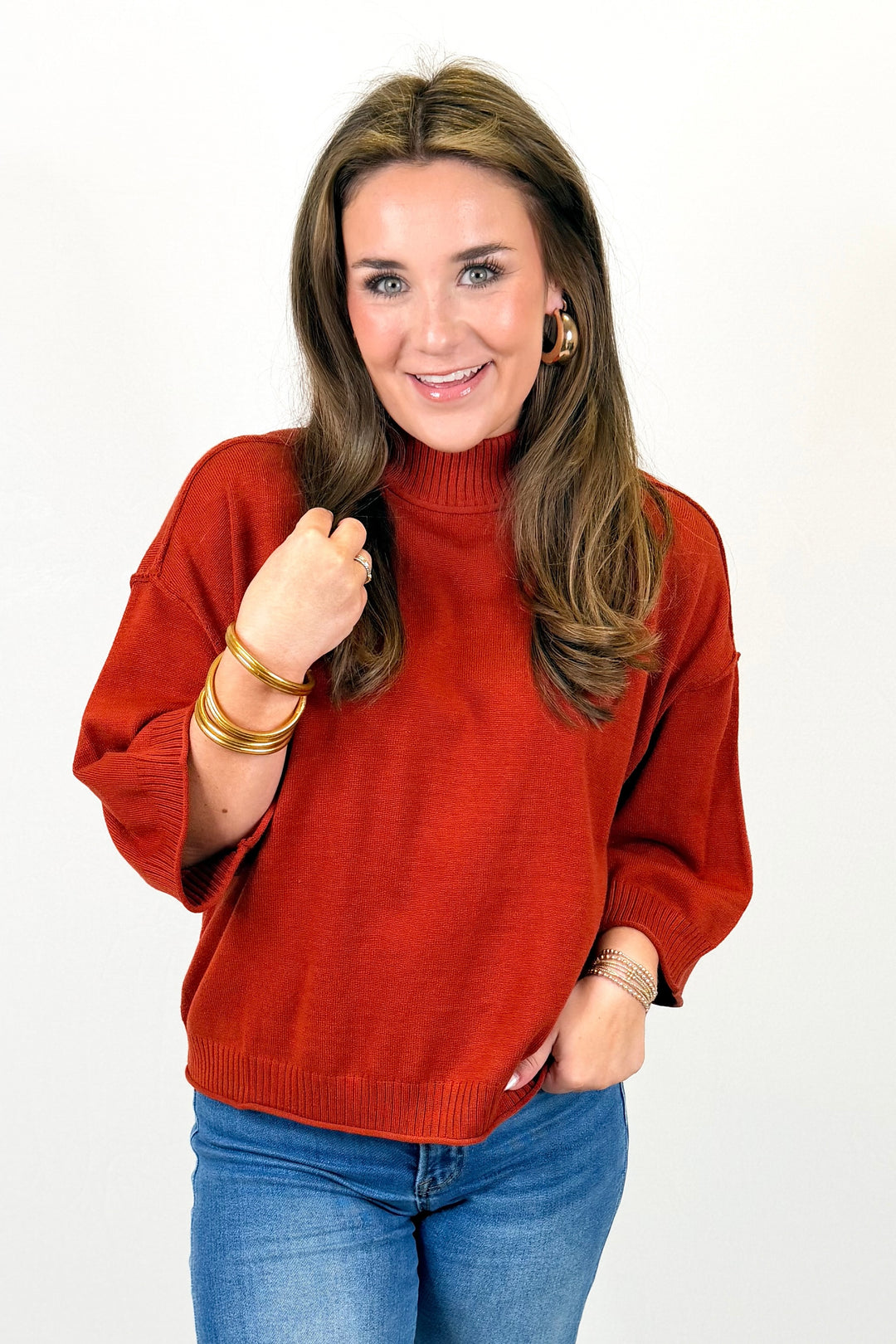 RUST RIBBED MOCK NECK 3/4 SLEEVE SWEATER