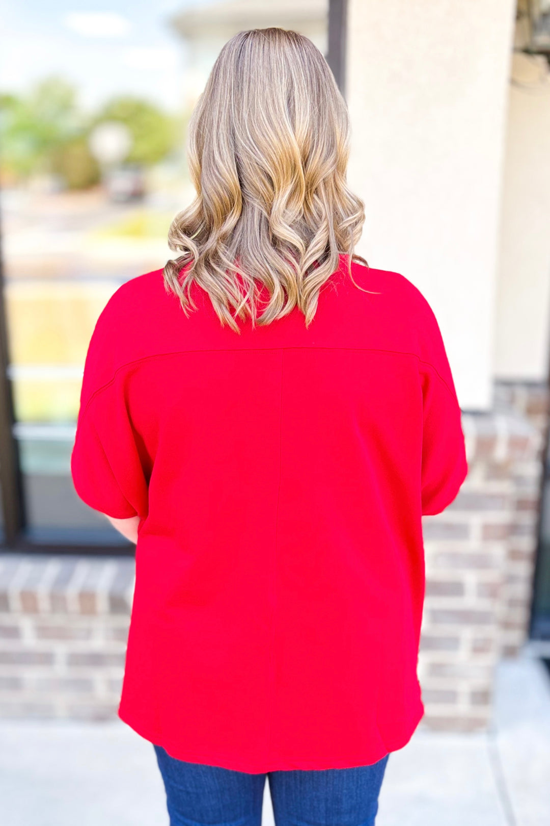 RED PATRIOTIC SEQUIN BOW BOXY TOP