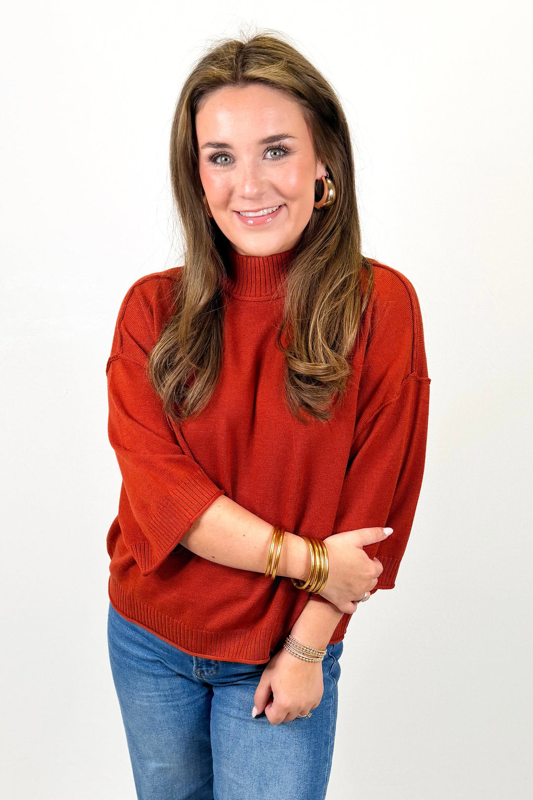 RUST RIBBED MOCK NECK 3/4 SLEEVE SWEATER