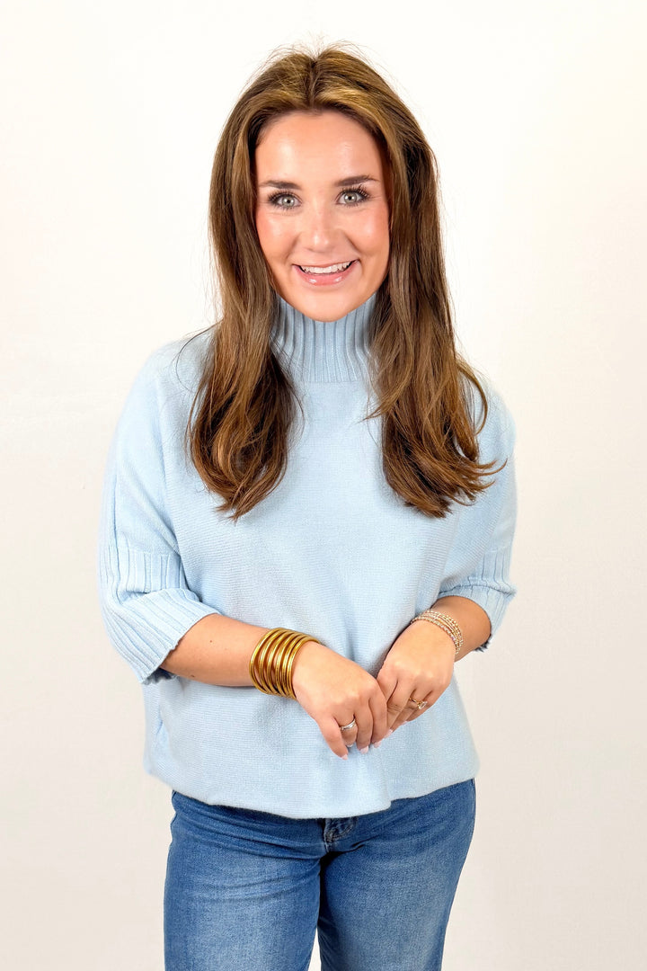 LIGHT BLUE PLEATED SLEEVE MOCK NECK SWEATER