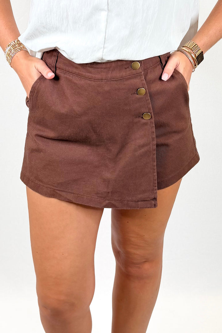 KARLIE: CHOCOLATE DENIM WRAP SKORT